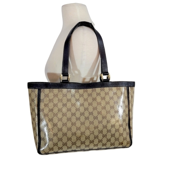 Gucci Abbey Brown & Beige Crystal Wax Canvas Monogram Pocket Tote - Picture 3 of 14